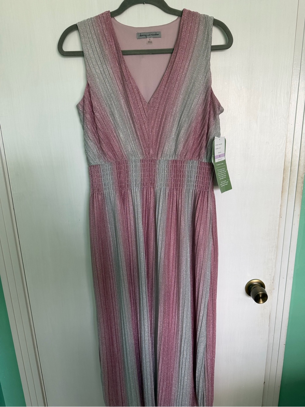 Danny & Nicole Pink and Silver Striped V-Neck Maxi Dress